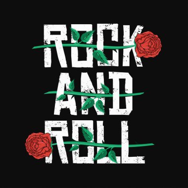 Rock and Roll t-shirt tasarım. Tipografi arasında kırmızı gül. Klasik rock müzik tarzı grafik t-shirt baskı grunge arka plan ile. Vektör