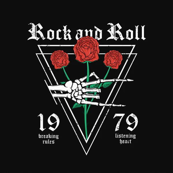 Diseño Camiseta Rock Roll Mano Del Esqueleto Sostiene Rosas Rojas — Vector de stock