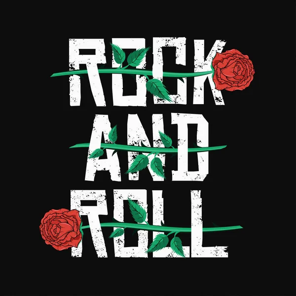 Rock Roll Σχεδιασμό Shirt Κόκκινα Τριαντάφυλλα Μεταξύ Τυπογραφία Ρετρό Ροκ — Διανυσματικό Αρχείο