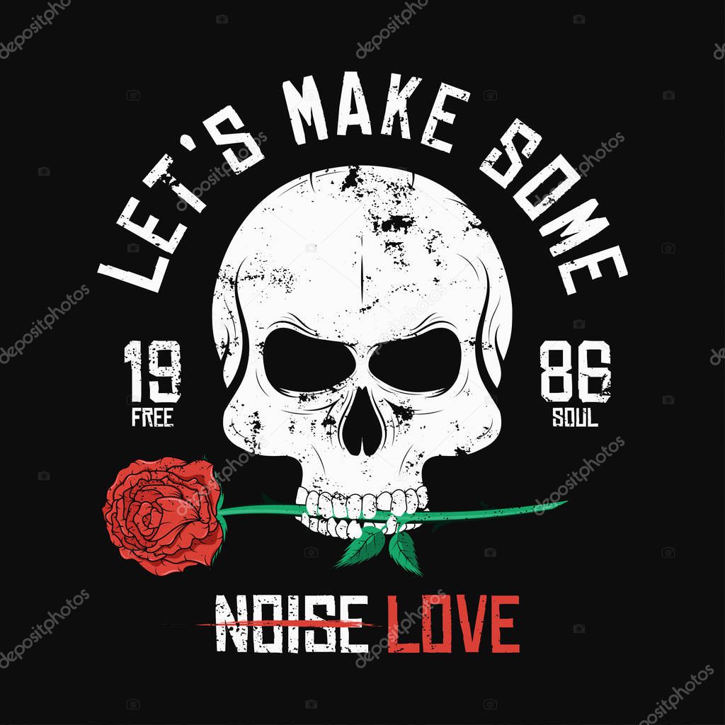 Rock music style t-shirt design. Skull is biting and holding red rose. Vintage slogan graphic for t-shirt print with grunge background. Vector