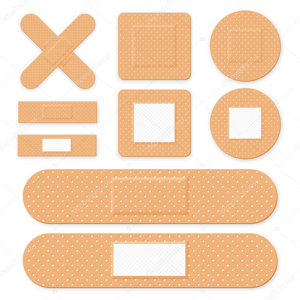Medical patch, adhesive bandage. Set of elastic medical plasters in different shapes. Realistic first aid band plasters. Vector