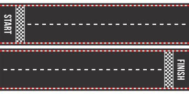 Karting yarışı yollar. Start ve finiş hatları. Asfalt yollar veya üstten görünüm işaretlenmesi ile otomobil yarışçısı. Vektör