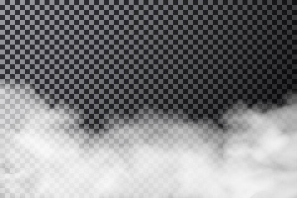 Дымовое облако на прозрачном фоне. Реалистичная текстура тумана или тумана, изолированная на заднем плане. Вектор
