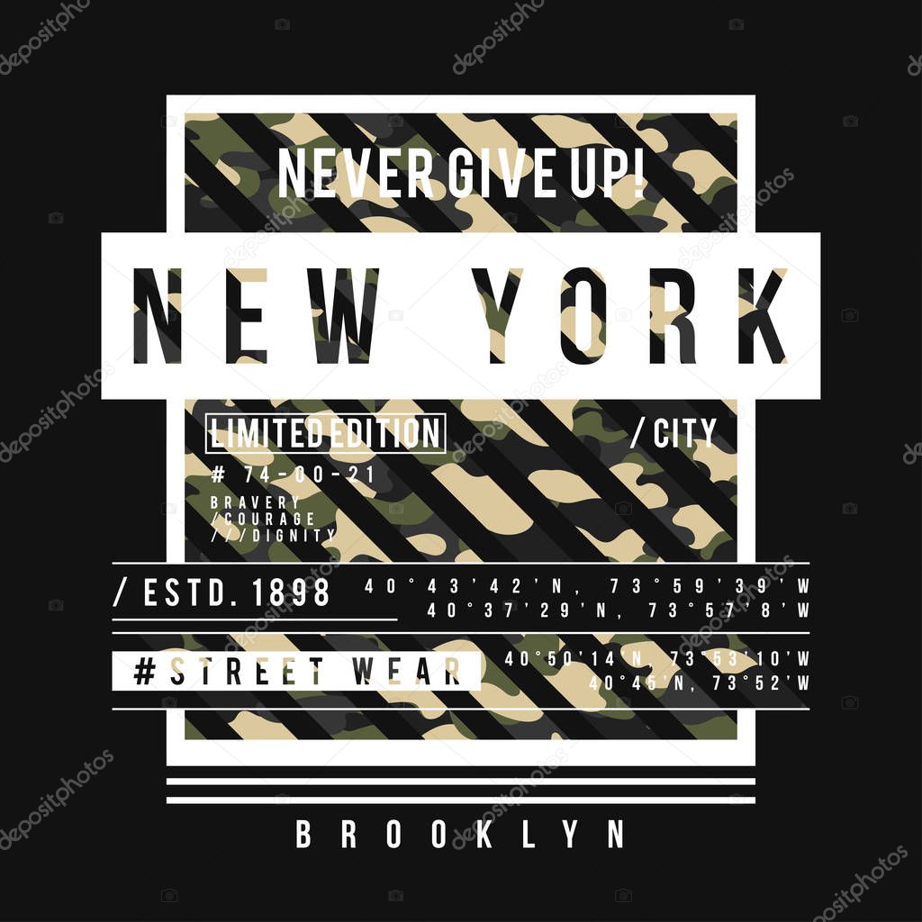 T-shirt design in military army style with camouflage texture. New York City typography with slogan for shirt print. Vector