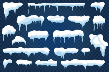 Vektör kar kapaklar, snowdrifts ve buz sarkıtları ile kar taneleri. Tatil dekorasyon için buzlu kış karlı çerçeveler