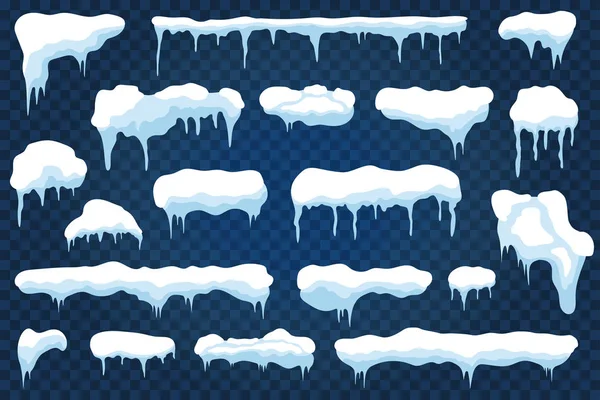 矢量雪帽 雪堆和雪花与冰柱 冬季雪架与冰度假装饰 — 图库矢量图片