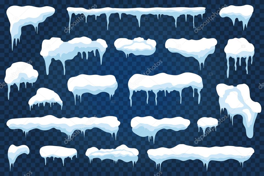 Vector snow caps, snowdrifts and snowflakes with icicles. Winter snowy frames with ice for holiday decoration
