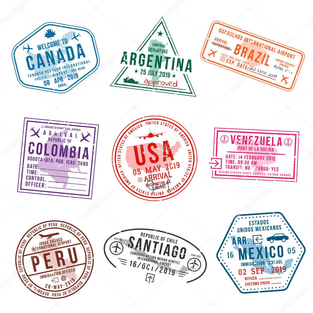 Set of travel visa stamps for passports. International and immigration office stamps. Arrival and departure visa stamps to American countries - USA, Canada, Brazil, Mexico. Vector