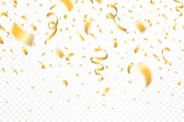 Altın konfeti ve şenlikli şerit. Konfeti, defocused ve bokeh sonuç, şeffaf arka plan ile gerçekçi pırıltılar düşüyor. Vektör