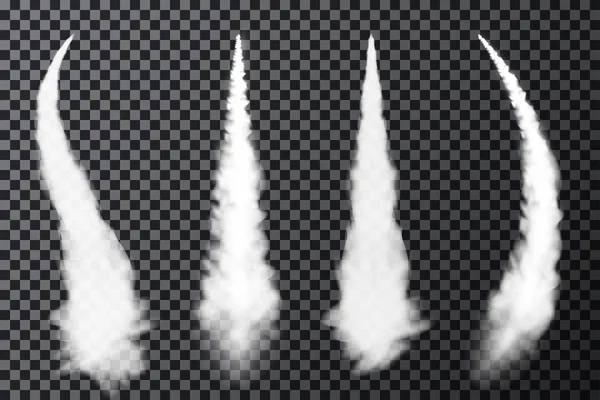 逼真的飞机冷凝轨迹 飞机或火箭发射产生的烟雾 一组烟雾轨迹和冷凝水蒸气条纹 — 图库矢量图片