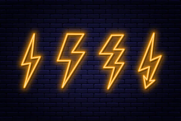 一套霓虹灯雷电标志 砖墙背景上的新电符号或高压符号 — 图库矢量图片