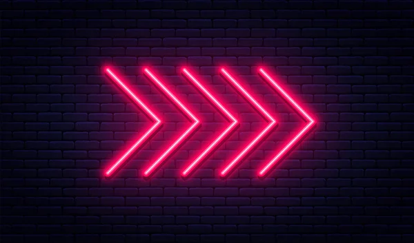 Neon Arrow Sign Glowing Neon Arrow Pointer Brick Wall Background — Stock Vector