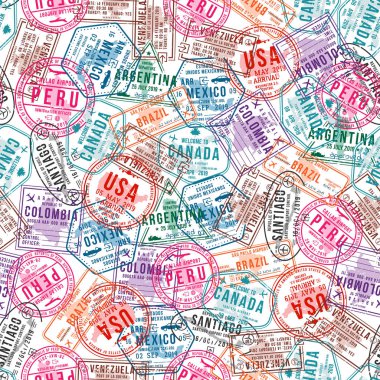 Pasaport vize pullar, seamless modeli. Uluslararası ve Göçmenlik office lastik pullar. Seyahat ve Turizm kavramı arka plan. Vektör