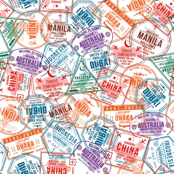 Passport Visa Stamps Seamless Pattern International Immigration Office Rubber Stamps — Stock Vector