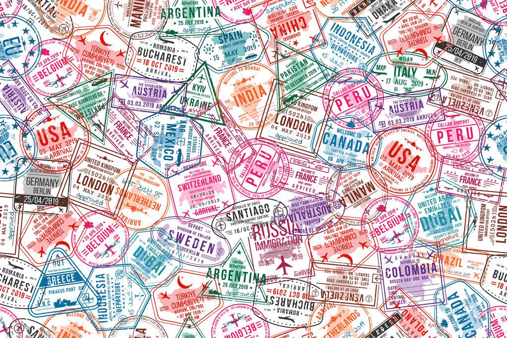 Passport visa stamps, seamless pattern. International and immigration office rubber stamps. Traveling and tourism concept background. Vector