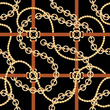 Altın zincirler ve kayışlar, seamless modeli. Barok tarzı moda desenle zincirleri ve kemer. Vektör