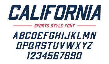 Klasik kolej yazı tipi. Vintage spor sans serif, futbol, futbol, beyzbol ve basketbol için Amerikan tarzı eğik yazı tipi. Alfabe ve numaralar varsity tarzı