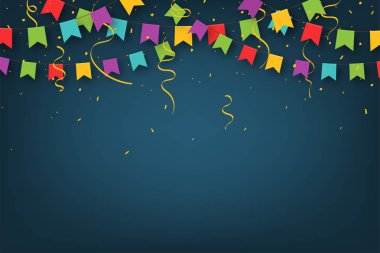 Karnaval garland flamalar ile. Dekoratif renkli parti bayraklarıyla konfeti doğum günü kutlama, festival ve adil dekorasyon için. Bayrak ve flamalar asma Festival arka plan