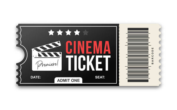 Cinema ticket on white background. Movie ticket template in black and red colors