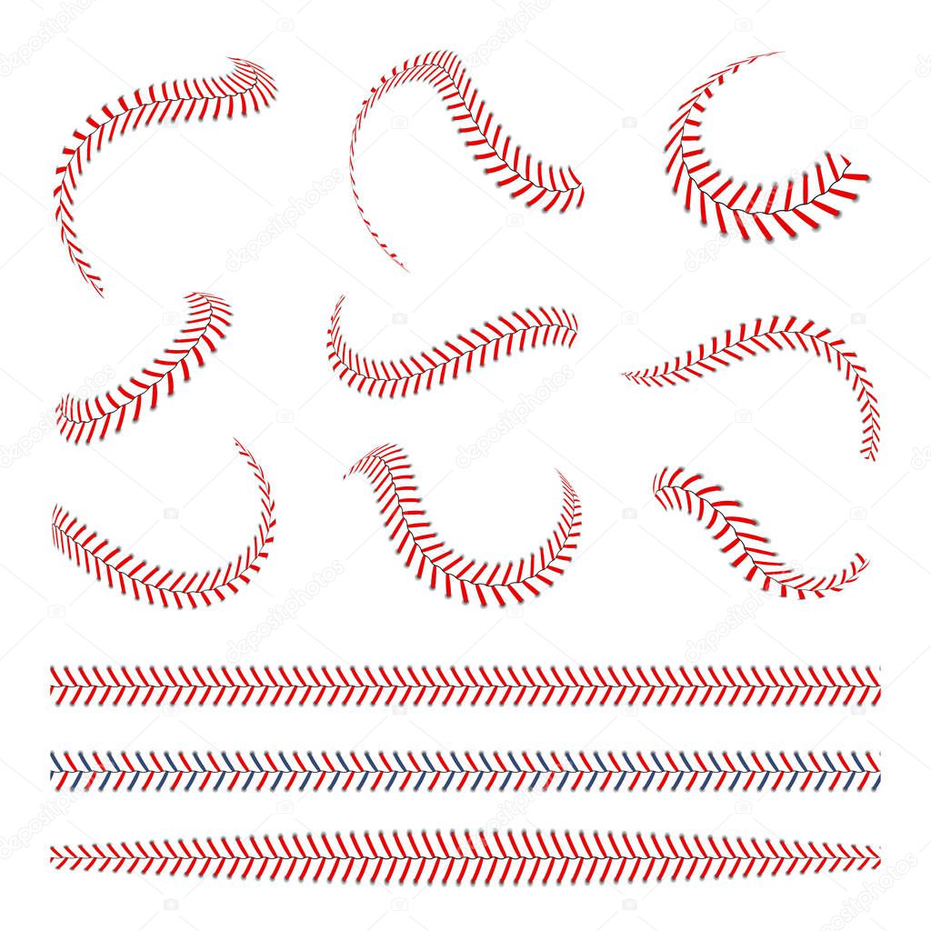 Baseball laces set. Baseball stitches with red threads. Sports graphic elements and seamless brushes. Red laces and stitches on white background