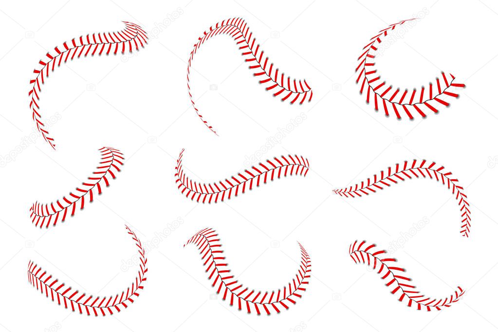 Baseball laces set. Baseball stitches with red threads. Sports graphic elements and seamless brushes. Red laces and stitches on white background