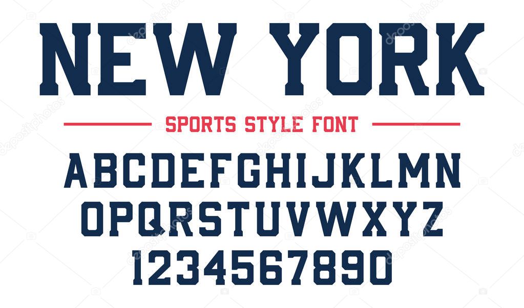 Classic college font. Vintage sport serif font in american style for football, soccer, baseball and basketball. Alphabet and numbers in varsity style