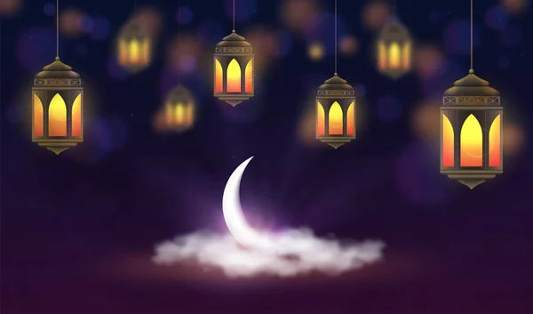 Sfondo Ramadan Kareem. Lanterne appese e mezzaluna tra le nuvole. Festa musulmana del mese santo. Lanterne d'oro su sfondo blu scuro. Modello di biglietto di auguri per il Ramadan e le feste musulmane — Vettoriale Stock