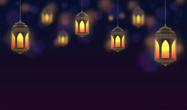 Ramadán Kareem pozadí. Závěsné lucerny a zářící lampy. Muslimský Svátek svatého měsíce. Krásný zlatý lucerny na tmavě modrém pozadí. Šablony přání k Ramadánu a muslimských svátků — Stockový vektor