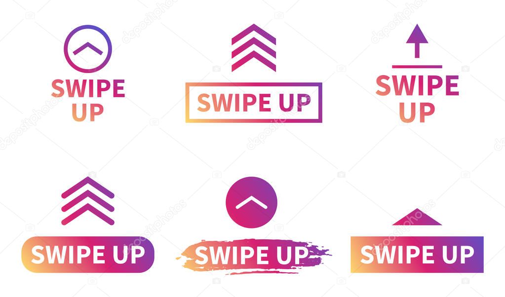 Swipe up, set of buttons for social media. Arrows, buttons and web icons for advertising and marketing in social media application. Scroll or swipe up