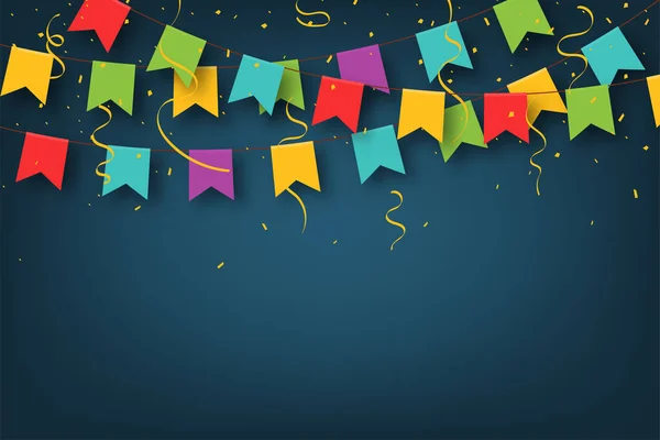 Karnaval çelenkler. Doğum günü kutlama, festival için konfeti ile dekoratif renkli parti bayrakları — Stok Vektör