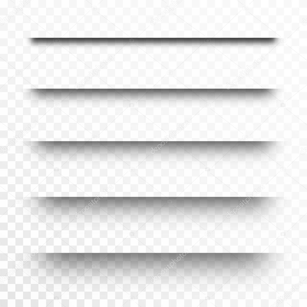 Set of transparent shadows, page dividers. Realistic paper shadow effect isolated on transparent background. Vector