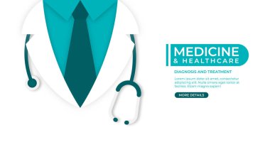 Tıbbi ve sağlık hizmetleri konsepti. Beyaz arka planda steteskoplu laboratuvar önlüklü doktor.