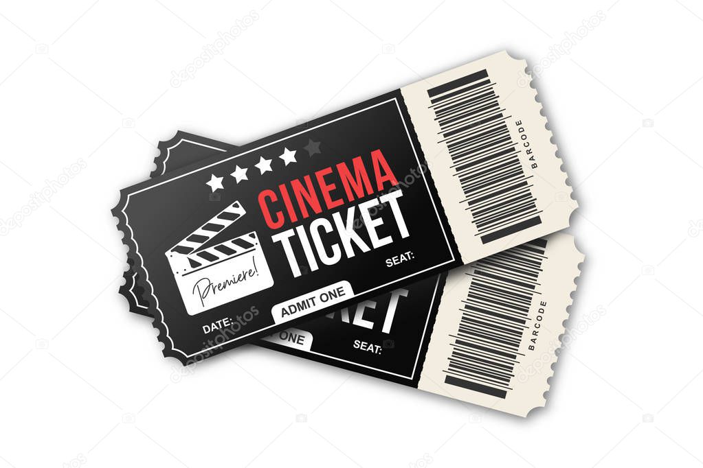 Two cinema tickets on white background. Movie tickets template in black and red colors