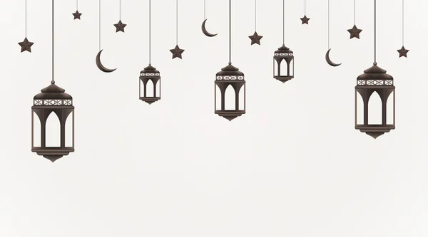 Ramadan Kareem background. Lanternas penduradas, crescentes e estrelas. Festa muçulmana do mês sagrado. Modelo de cartão de saudação Eid Mubarak para o Ramadã e feriados muçulmanos — Vetor de Stock