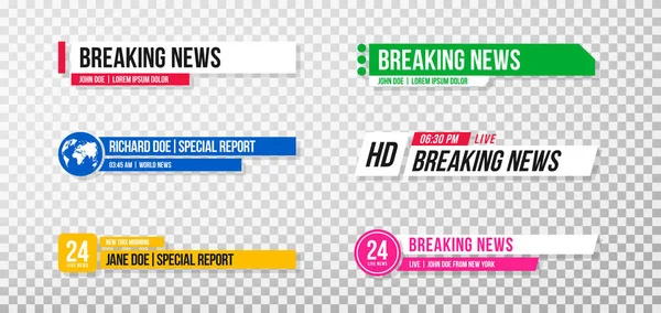 เทมเพลตที่สามต่ํากว่า ชุดของป้ายทีวีและบาร์สําหรับข่าวและช่องกีฬา, สตรีมมิ่งและออกอากาศ. คอลเลกชันของส่วนล่างที่สามสําหรับการแก้ไขวิดีโอบนพื้นหลังที่โปร่งใส — ภาพเวกเตอร์สต็อก