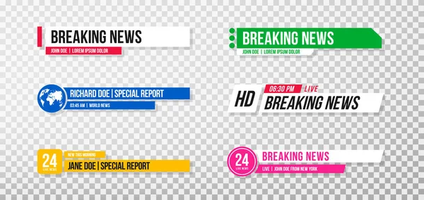 Lower third template. Set of TV banners and bars for news and sport channels, streaming and broadcasting. Collection of lower third for video editing on transparent background Vector Graphics