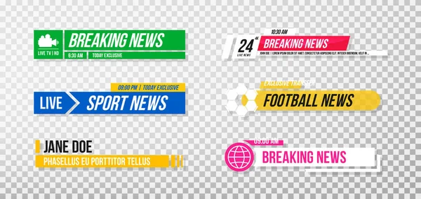 Lower third template. Set of TV banners and bars for news and sport channels, streaming and broadcasting. Collection of lower third for video editing on transparent background Stock Illustration