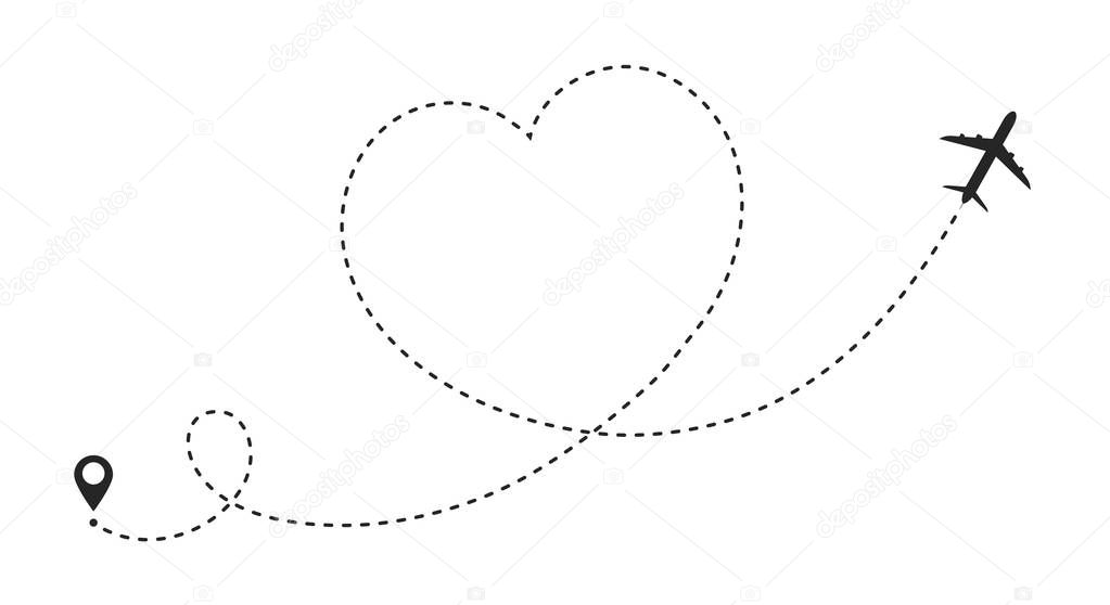 Airplane route in heart shape. Romantic travel concept. Travel and tourism concept, background with start point, airplane and dashed line trace