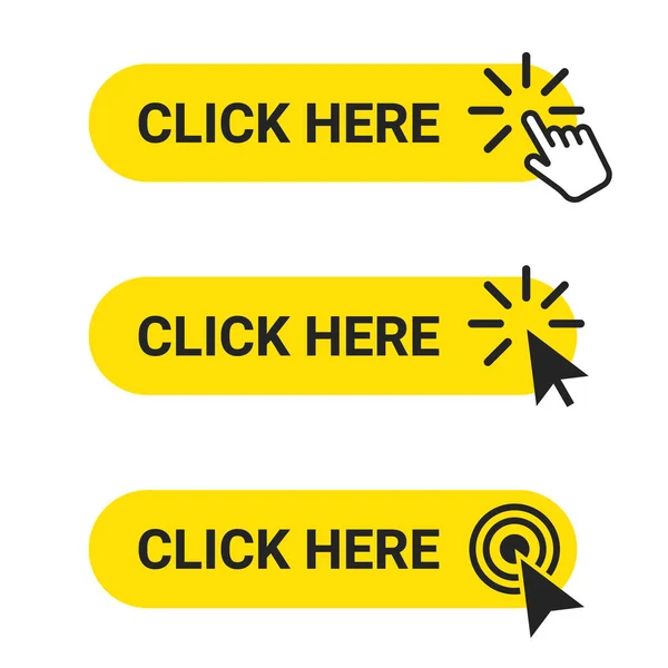 Click here. Set of web buttons with action of mouse cursor and hand pointer. Click here, UI button concept — Stock Vector