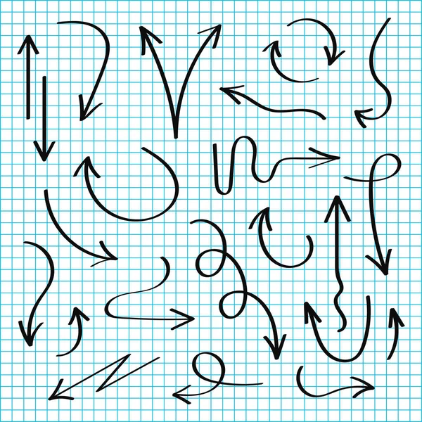 Conjunto de setas desenhadas à mão vetorial. Setas de esboço preto no estilo doodle. Linhas e ponteiros, verificação e marcas —  Vetores de Stock