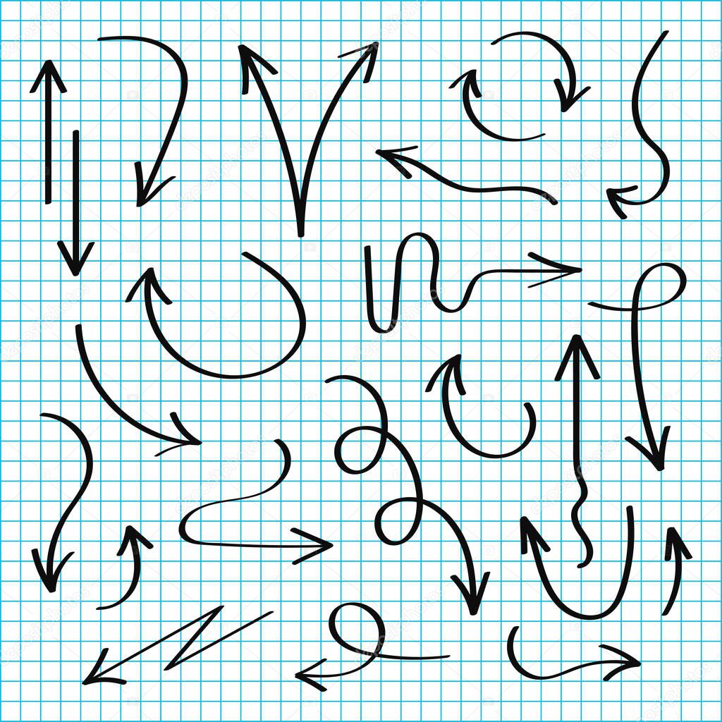 Vector hand drawn arrows set. Black sketch arrows in doodle style. Lines and pointers, check and marks