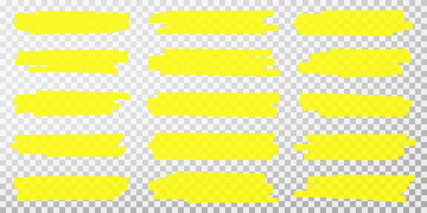 Linhas de Destaque. Caracteres marcadores amarelos desenhados à mão. Conjunto de marcadores fluorescentes transparentes do iluminador — Vetor de Stock