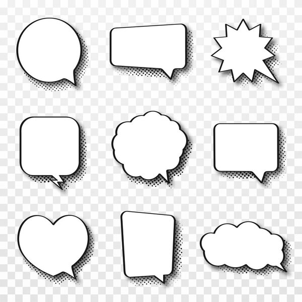 Set of comic speech bubbles. Vintage empty comic bubbles with halftone effect in pop art style