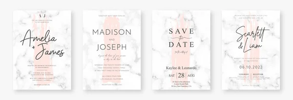 Diseño de la tarjeta de boda con pinceladas rosadas y textura de mármol. Conjunto de anuncio de boda o plantilla de diseño de invitación — Vector de stock