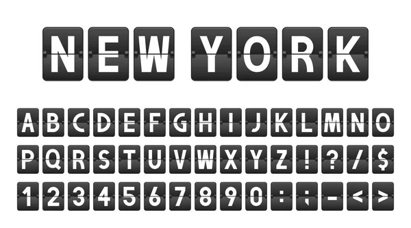 空港ボードスタイル、航空会社のタイムボードで創造的なフォント。ヴィンテージスタイルの文字と数字、フリップフラップアルファベット。空港スコアボード、インフォメーションパネル、スケジュール — ストックベクタ