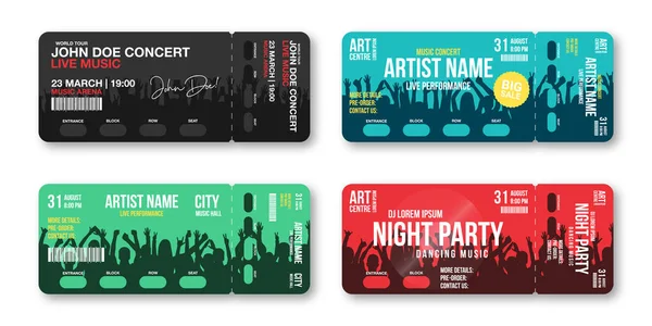 Conjunto de entradas para conciertos plantilla. Plantilla de diseño de entradas para conciertos, fiestas, discotecas o festivales con gente de fondo. Entrada al evento — Vector de stock