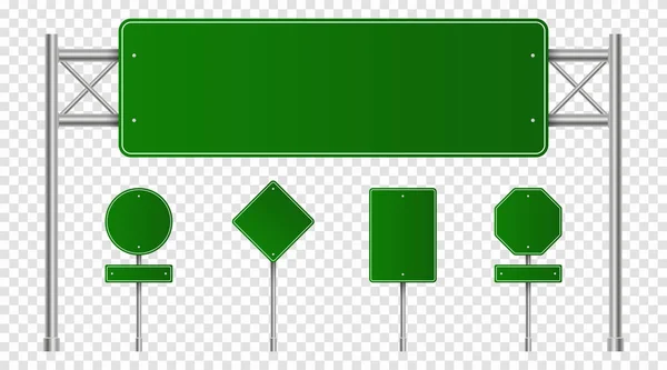 Set of green road signs. Blank traffic signs, highway boards, signpost and signboard. Realistic traffic signs isolated on transparent background — Stock Vector