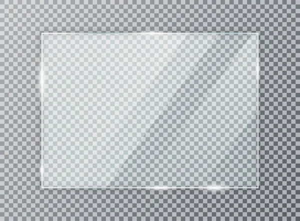 Glasplatte auf transparentem Hintergrund. Acryl und Glas Textur mit grellen und Licht. realistisches transparentes Glasfenster im Rechteckrahmen — Stockvektor