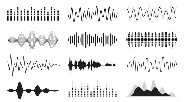 Conjunto de ondas sonoras. Formas de onda analógicas e digitais. Ondas sonoras musicais, equalizador e conceito de gravação. Sinal sonoro electrónico, gravação de voz —  Vetores de Stock