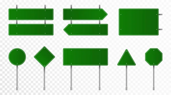 Serie di segnali stradali verdi. Segnali stradali vuoti, cartelli autostradali, cartelli e cartelli. Segnali stradali realistici isolati su sfondo trasparente — Vettoriale Stock